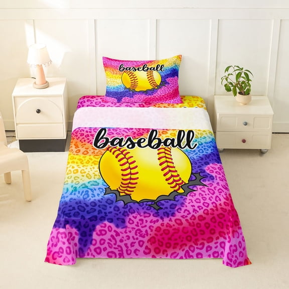 Feelyou Leopard Print Softball Twin Sheets for Girls, Tie Dye Sport Bedding, 3 Pieces, 1 Flat Sheet, 1 Fitted Sheet and 1 Pillowcase