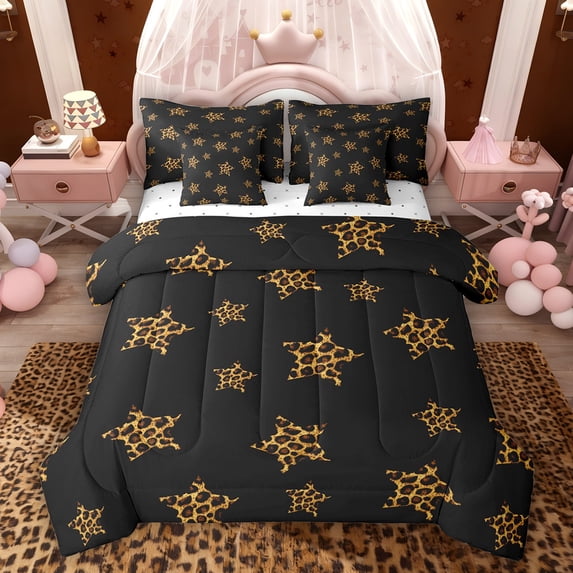 Feelyou Leopard Print Stars Bedding Comforter Set 7pcs, Fashion Cartoon Full Bedding Set