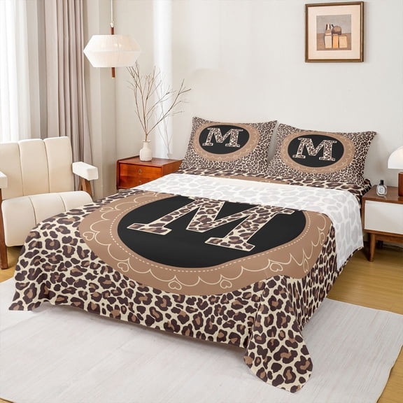 Feelyou Leopard Print Twin Sheet Sets, Fashion Initial M Letter Bedding, 3pcs