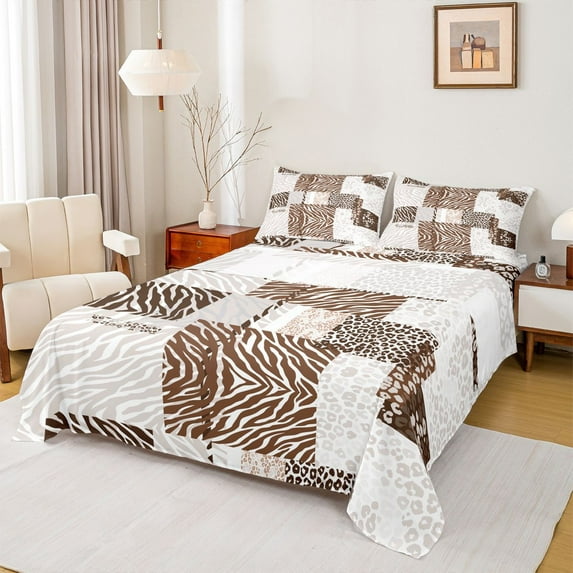 Feelyou Leopard Zebra Print Full Size Sheets for Women, Fashion Princess Bow-tie Bed Sheets, Brown Stripes Sheet Sets, Microfiber Bedroom Decor, 4 Pieces