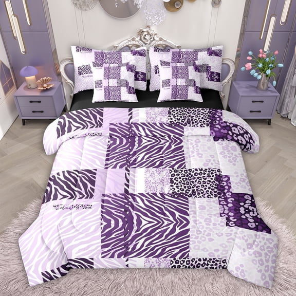 Feelyou Leopard Zebra Print Twin Bedding Sets 7-Piece for Adult, Dreamy Purple Bedding Comforter Set, Modern Abstract Stripes Reversible Sheet Sets, Super Cozy Room Decor