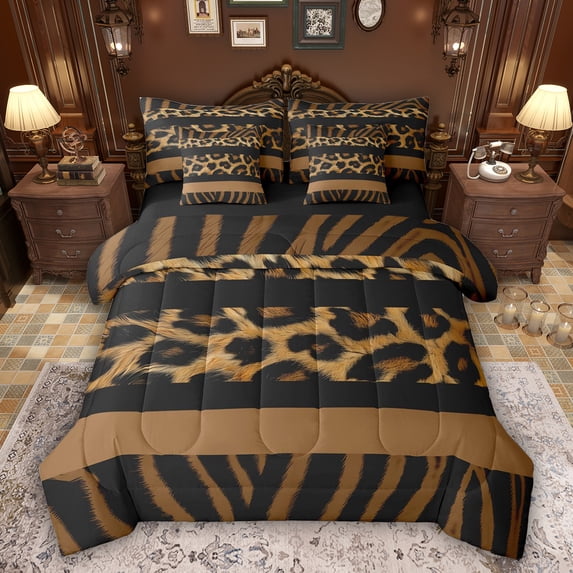 Feelyou Leopard Zebra Print Twin Bedding Sets 7pcs, Brown Abstract Lines Comforter Set