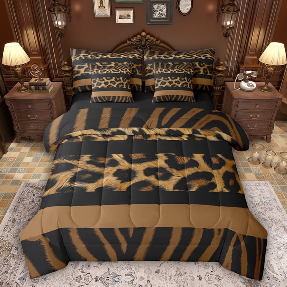 Feelyou Leopard Zebra Print Twin Bedding Sets 7pcs, Brown Abstract Lines Comforter Set