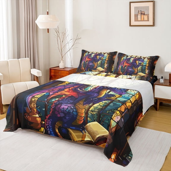 Feelyou Library Dragon Full Size Sheets for Kids, Book Wildlife Bed Sheets, Purple Blue, 4 Pieces