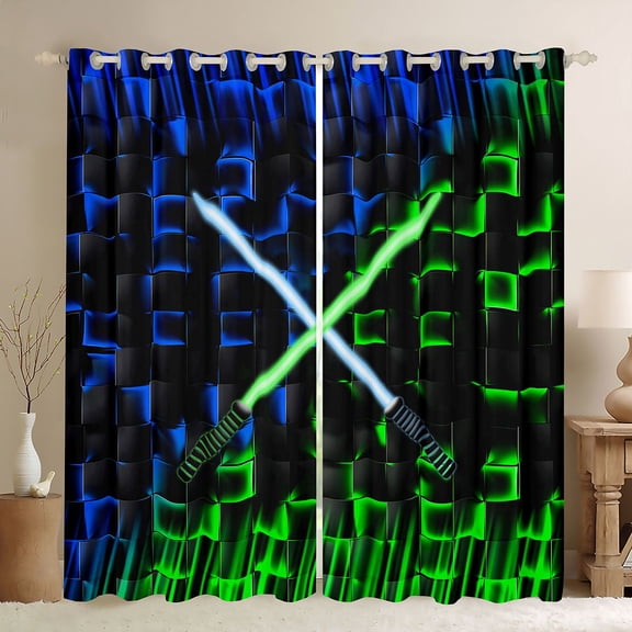 Feelyou Lightning Black Out Curtains, Green Blue Honeycomb Curtains Pack of 2 (42x63 Each)