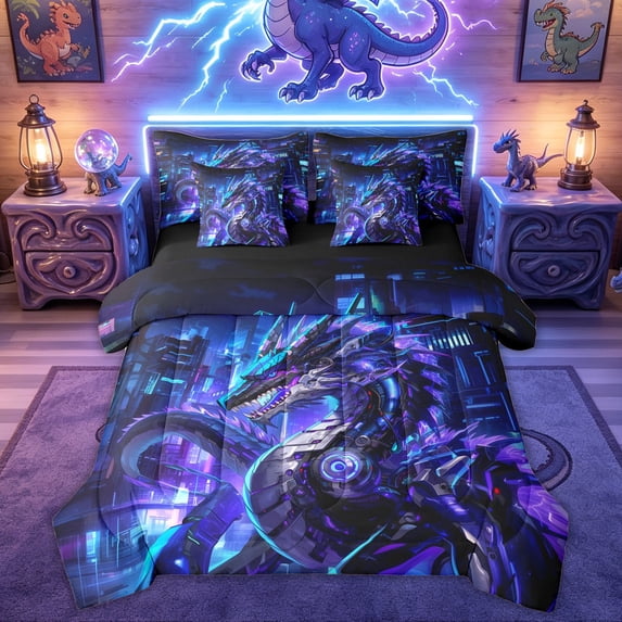 Feelyou Lightning Dragon Bedding Comforter Set for Kids Boys Girls, Circuit Animal Full Bedding Set, Purple Blue, Black Reversible, 7-Piece