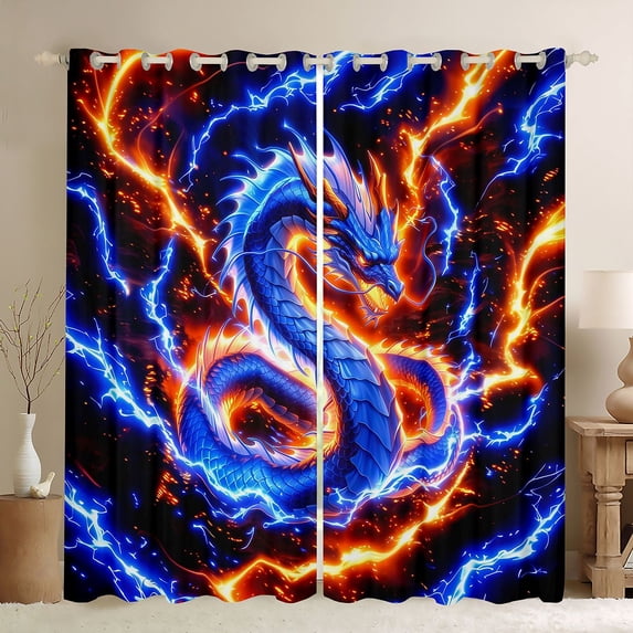 Feelyou Lightning Flame Dragon Curtains Pack of 2 (42x84 Each) for Boys Girls Kids, Starry Sky Stars Curtains Blackout, Blue Orange