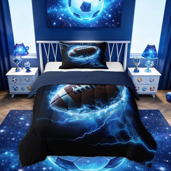 Feelyou Lightning Football Twin Comforter Sets for Boys, Sport Ball Bedding Set, Blue Black, Blue Reversible, 2pcs, 1 Comforter and 1 Pillowcase
