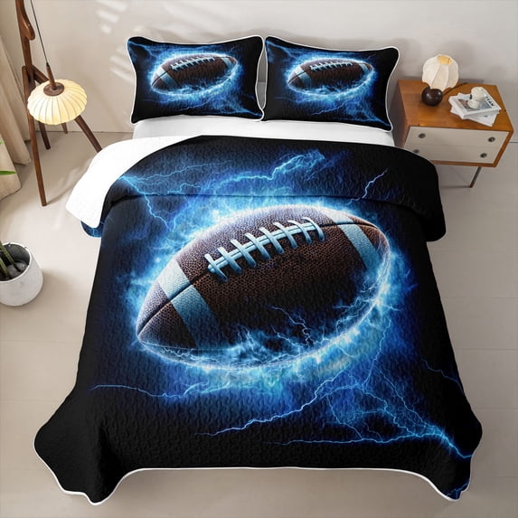 Feelyou Lightning Football Twin Quilt Set for Boys, Sport Ball Twin Coverlet Set, Blue Black, 2pcs