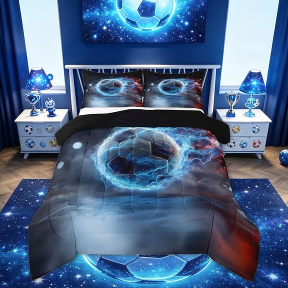 Feelyou Lightning Soccer Queen Comforter Set for Boys, Blue Fire Football Comforter Sets Queen, Black Reversible, 3-Piece, 1 Comforter and 2 Pillowcases