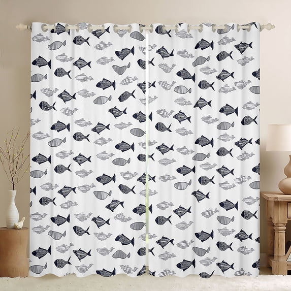 Feelyou Line Art Small Ocean Fish Blackout Curtains Set of 2 (52x84 Each) for Boys Girls, Simple Sea Animal Window Curtains, White Grey
