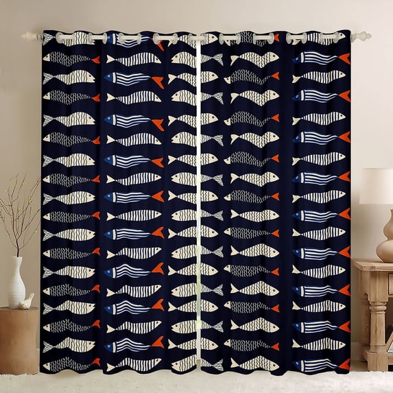 Feelyou Line Art Striped Fish Curtains Pack of 2 (42x84 Each) for Kids Boys Girls, Kawaii Ocean Animal Curtains Blackout, Navy