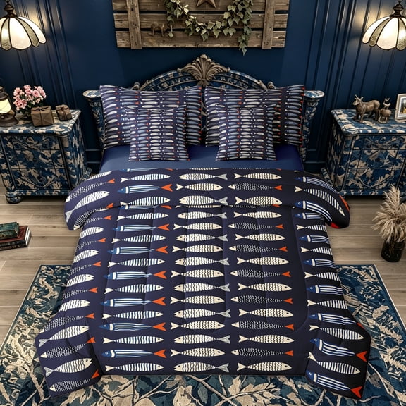 Feelyou Line Art Striped Fish Twin Bedding Sets for Kids Boys Girls, Kawaii Ocean Animal Bedding Comforter Set, Navy, Blue Reversible, 7 Pieces