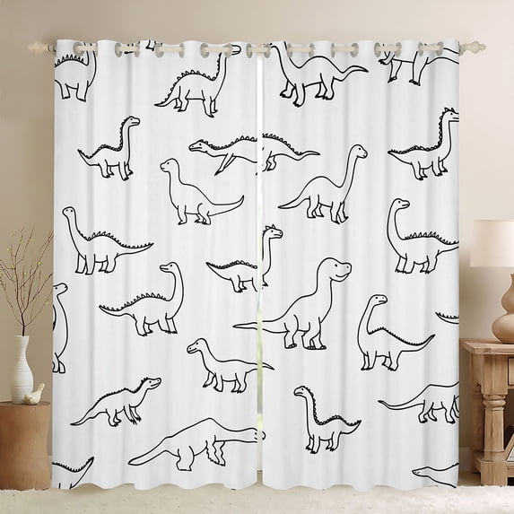 Feelyou Line Doodle Dinosaur Curtains Pack of 2 (42x84 Each) for Kids Boys Girls, Simple Cartoon Prehistoric Curtains Blackout, Black White
