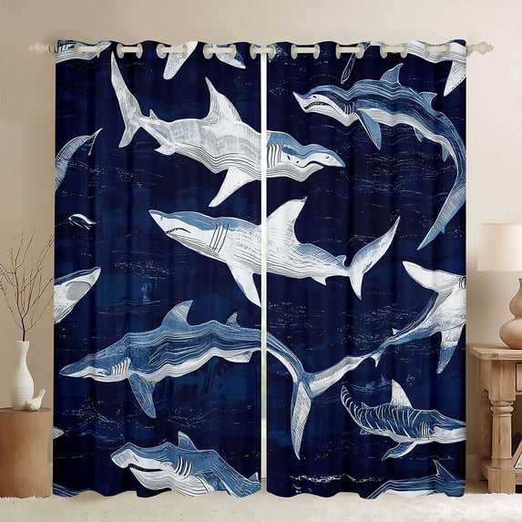 Feelyou Line Shark Curtains Pack of 2 (42x84 Each) for Kids Boys Girls, Coastal Marine Animal Curtains Blackout, Navy