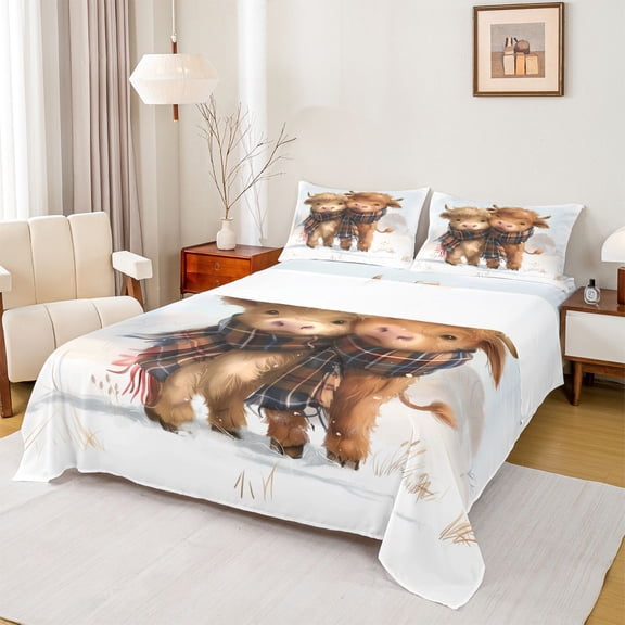 Feelyou Little Highland Bull Bed Sheets, Kawaii Rustic Cow King Sheets, Cartoon Farm Animal Sheet Set, Microfiber Bedroom Decor, 4pcs