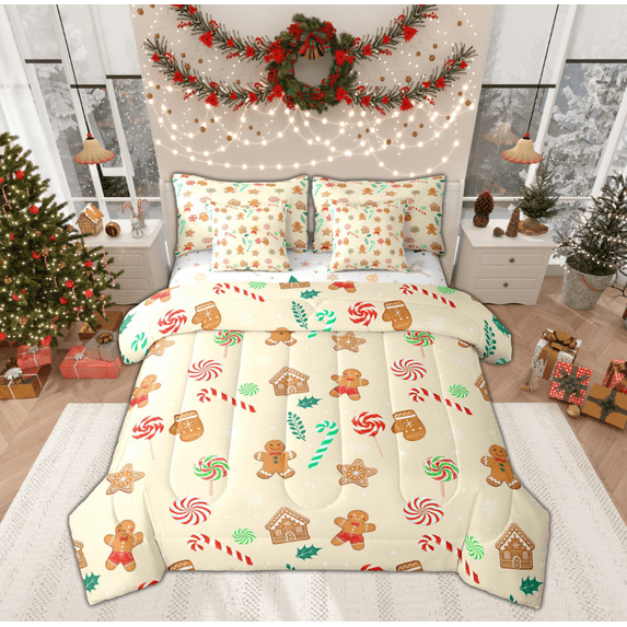 Feelyou Lollipop Candy Bedding Comforter Set 7 Pieces, Kawaii Gingerbread Man Full Bedding Set, Cartoon Christmas Style Reversible Fitted Sheet Flat Sheet, Super Cozy Room Decor