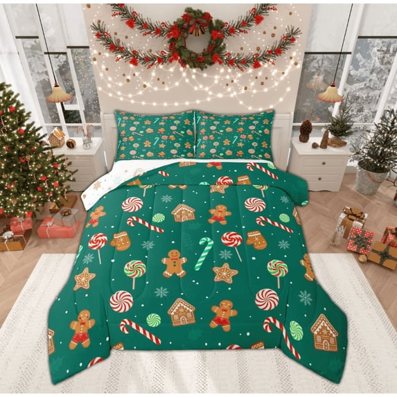 Feelyou Lollipop Candy Queen Comforter Set, Kawaii Gingerbread Man Bedding Sets, Cartoon Christmas Style Reversible Bedding Comforter Set, Lightweight Room Decor, 3 Pieces