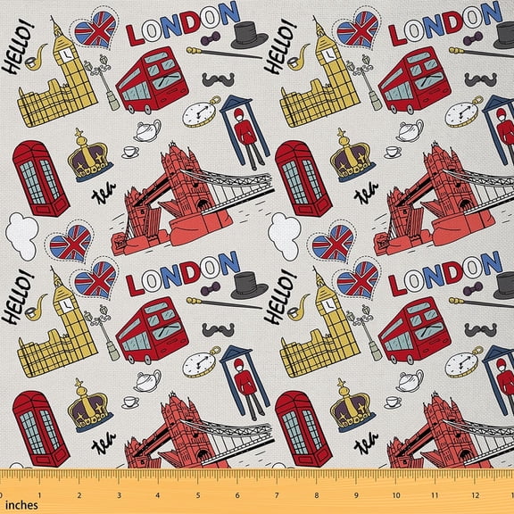 Feelyou London Street Fabric by the Yard 10 Yards, Cartoon City Buildings Home Decor Fabric by the Yard, Romantic Style Sewing Fabric, Microfiber Bedroom Decor