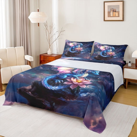 Feelyou Lotus Fairy Dragon Full Size Sheets for Kids Boys Girls, Starry Sky Animal Bed Sheets, Blue Pink, 4pcs