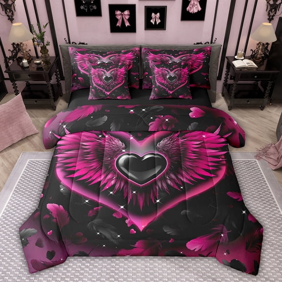 Feelyou Love Heart Angel Comforter Set 7pcs, Valentine's Day Couple King Bedding Sets