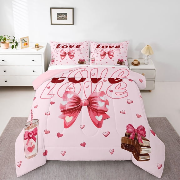 Feelyou Love Heart Bow-tie Queen Comforter Set, Princess Pink Fashion Bedding Set, 3pcs