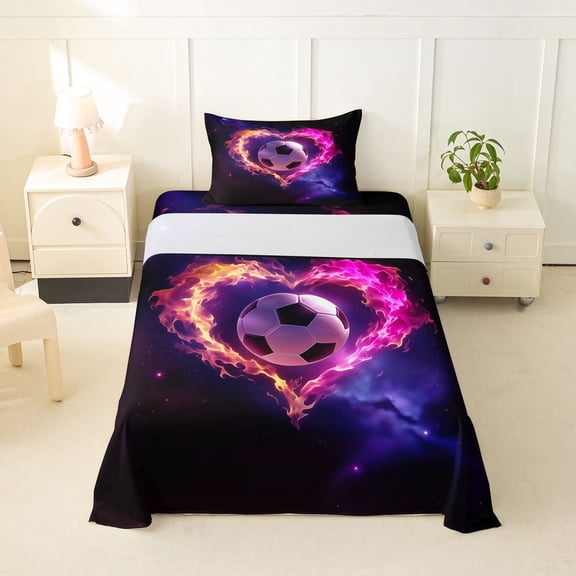 Feelyou Love Heart Fire Soccer Twin Sheets for Girls, Pink Orange Flames Galaxy Bedding, 3-Piece, 1 Flat Sheet, 1 Fitted Sheet and 1 Pillowcase