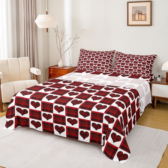 Feelyou Love Heart Kids Twin Sheet Sets, Black Red Buffalo Bedding, 3 Pieces
