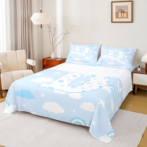 Feelyou Love Heart Letter D Queen Sheet Sets for Kids, Rainbow Moon Bed Set for Bedroom, Blue, 4pcs