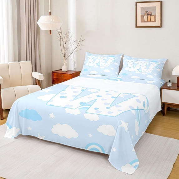 Feelyou Love Heart Letter W Bed Sheets for Boys Girls, Cloud Rainbow King Sheets, Blue, 4-Piece