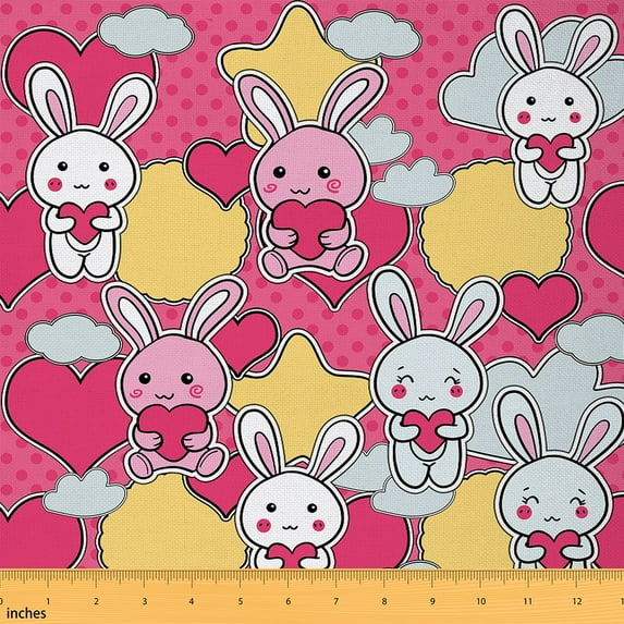 Feelyou Love Heart Rabbit Fabric by the Yard 1 Yard, Pink Dots Cloud Room Decor Fabric by the Yard, Kawaii Bunnies Fabric for Sewing, Super Cozy Room Decor
