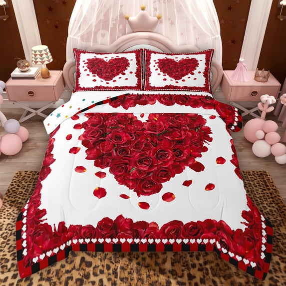 Feelyou Love Heart Rose Queen Comforter Set, Couple Valentine's Day Bedding Set, 3pcs