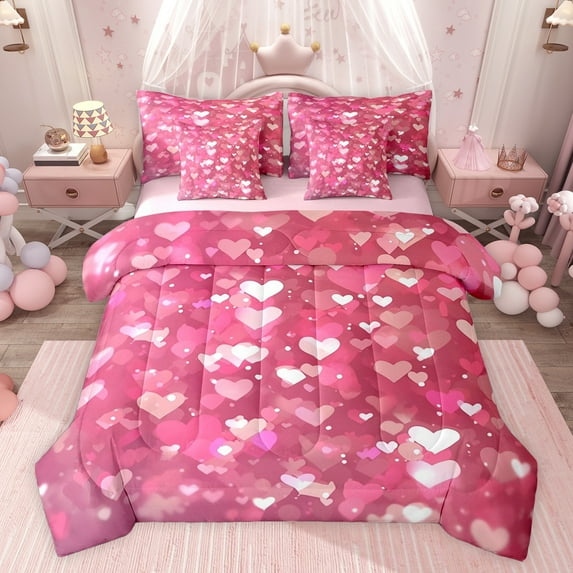 Feelyou Love Heart Teens Bedding Comforter Set 7pcs, Glitter Pink Cartoon Queen Bedding Sets, Romantic Valentine's Day Reversible Queen Sheet Sets, Microfiber Bedroom Decor