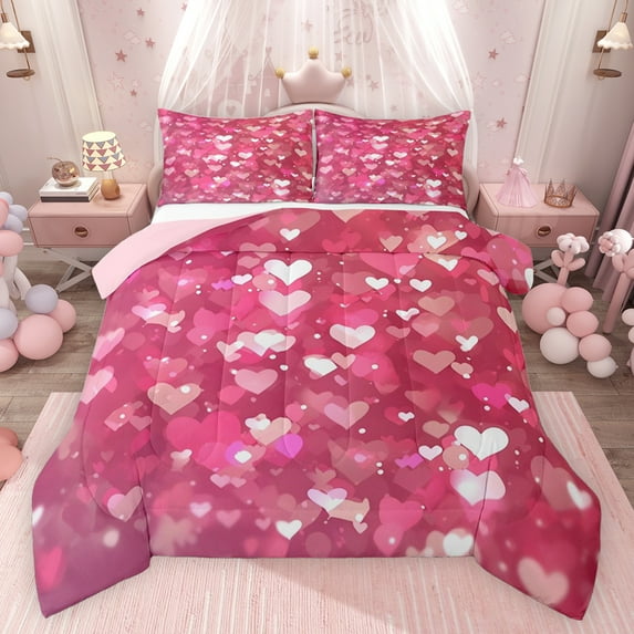 Feelyou Love Heart Teens Full Size Comforter Sets, Glitter Pink Cartoon Bedding Comforter Set, Romantic Valentine's Day Reversible Bedding Sets, Microfiber Bedroom Decor, 3 Pieces
