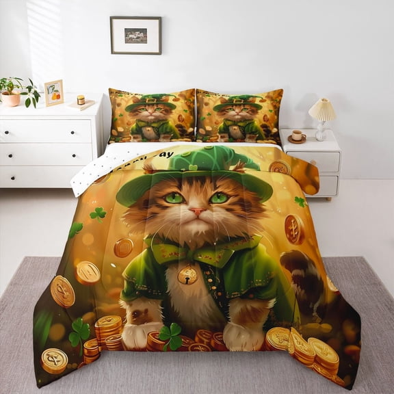 Feelyou Luck Cat Kids Queen Comforter Set, Shamrock Leaf Plant Bedding Comforter Set, 3pcs