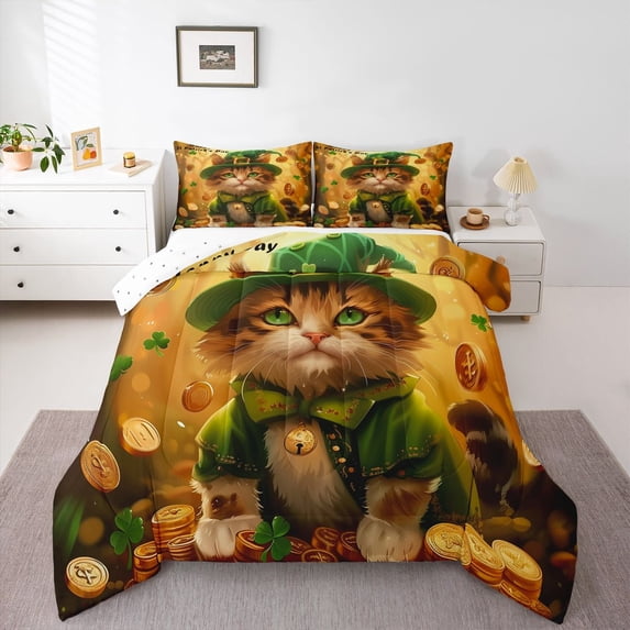 Feelyou Luck Cat Kids Queen Comforter Set, Shamrock Leaf Plant Bedding Comforter Set, 3pcs