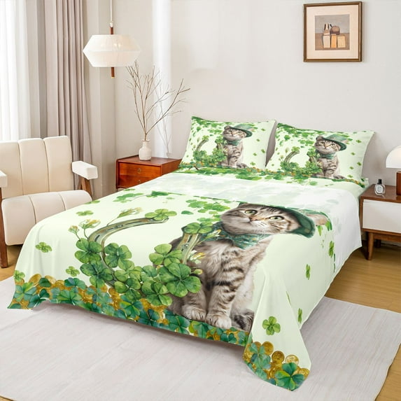 Feelyou Lucky Cat Animal Bed Sheets, Green Spring Shamrock King Sheets, 4pcs