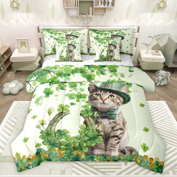Feelyou Lucky Cat Animal Bedding Comforter Set 7pcs, Spring Shamrock Full Bedding Set