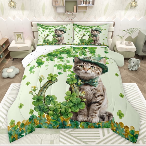 Feelyou Lucky Cat Animal Full Size Comforter Sets, Spring Shamrock Bedding Sets, 3pcs