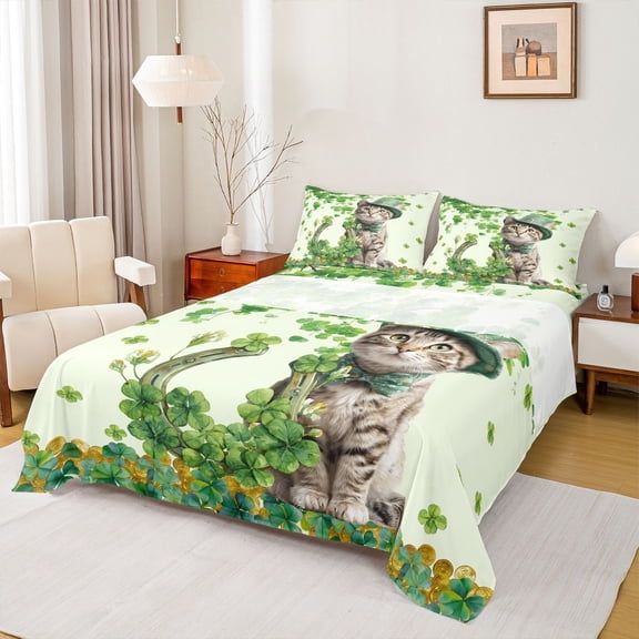 Feelyou Lucky Cat Animal Full Size Sheets, Green Spring Shamrock Bed Sheets, 4pcs