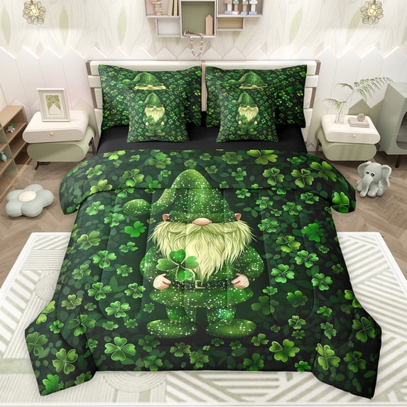 Feelyou Lucky Gnome Bedding Comforter Set 7 Pieces, Spring Shamrock Plant Full Bedding Set