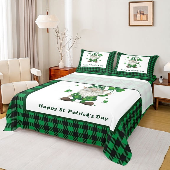 Feelyou Lucky Gnome Kids Bed Sheets, Green Buffalo Plaid King Sheets, 4pcs