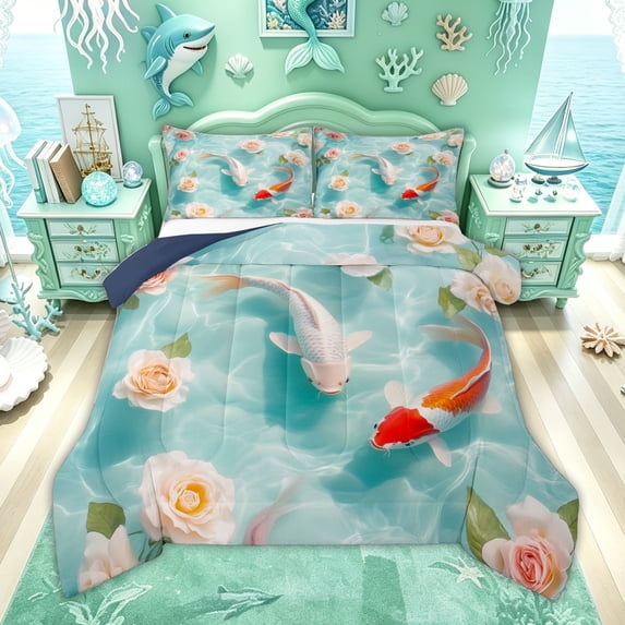 Feelyou Lucky Koi Fish Full Size Comforter Sets for Kids Women Girls, Lake Rose Flower Bedding Sets, Green, Blue Reversible, 3pcs