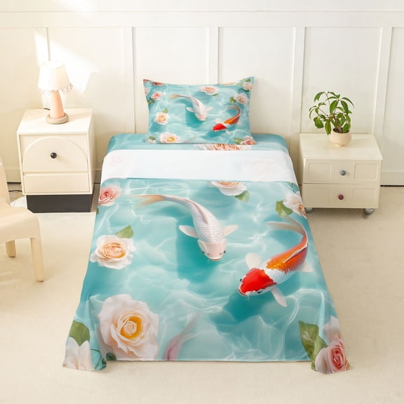 Feelyou Lucky Koi Fish Twin Sheet Sets for Kids Women Girls, Lake Rose Flower Bedding, Green, 3pcs