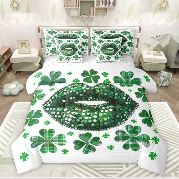Feelyou Lucky Shamrock Twin Bedding Sets 7pcs, Green Fashion Lips Bedding Comforter Set
