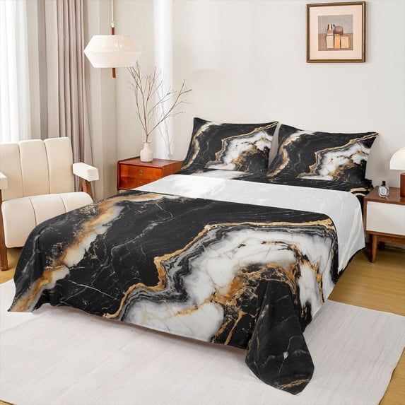 Feelyou Luxury Abstract Ombre Twin Sheet Sets, Black White Stripes Twin Fitted Sheet, Chic Marbling Stripes Flat Sheet, Breathable Home Decor, 3-Piece