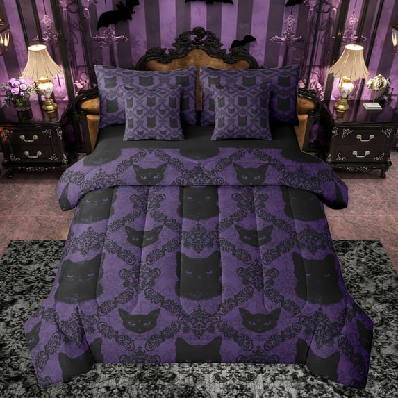 Feelyou M,ystic Purple Damask Bedding Comforter Set 7pcs, Western Gothic Cat King Bedding Sets, Bohemian Floral Flower Reversible Bed Sheets, Ultra Soft Bedroom Decor
