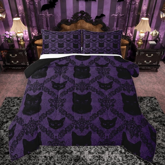 Feelyou M,ystic Purple Damask Bedding Comforter Set, Western Gothic Cat Twin Comforter Sets, Bohemian Floral Flower Reversible Bedding Set, Ultra Soft Bedroom Decor, 2pcs
