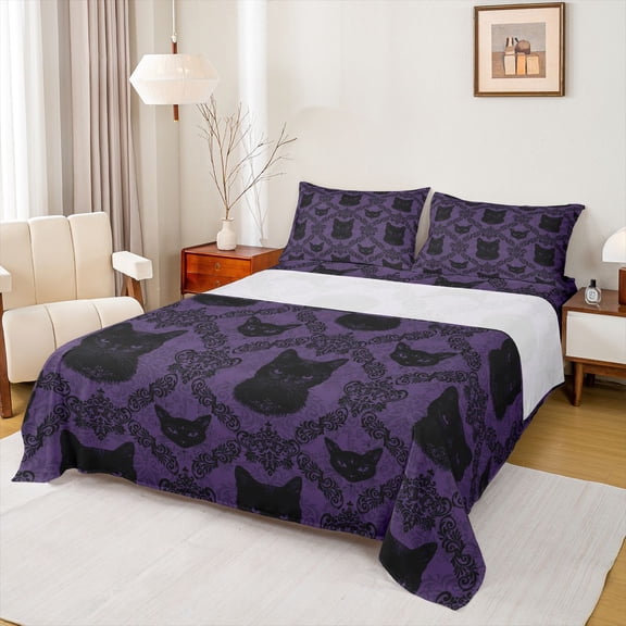 Feelyou M,ystic Purple Damask Twin Sheet Sets, Western Gothic Cat Twin Fitted Sheet, Bohemian Floral Flower Flat Sheet, Ultra Soft Bedroom Decor, 3pcs
