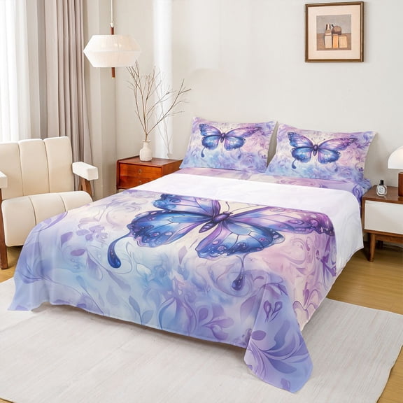 Feelyou Magic Butterfly Purple Bed Sheets, Bohemian Flower Floral King Sheets, Dreamy Animal Sheet Set, Breathable Home Decor, 4pcs